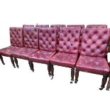 Kendell & Co set of ten Victorian mahogany boardroom chairs in red buttoned hide.