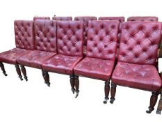 Kendell & Co set of ten Victorian mahogany boardroom chairs in red buttoned hide.