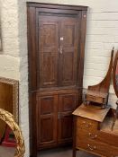 19th Century oak and mahogany four door standing corner cabinet, 198cm.