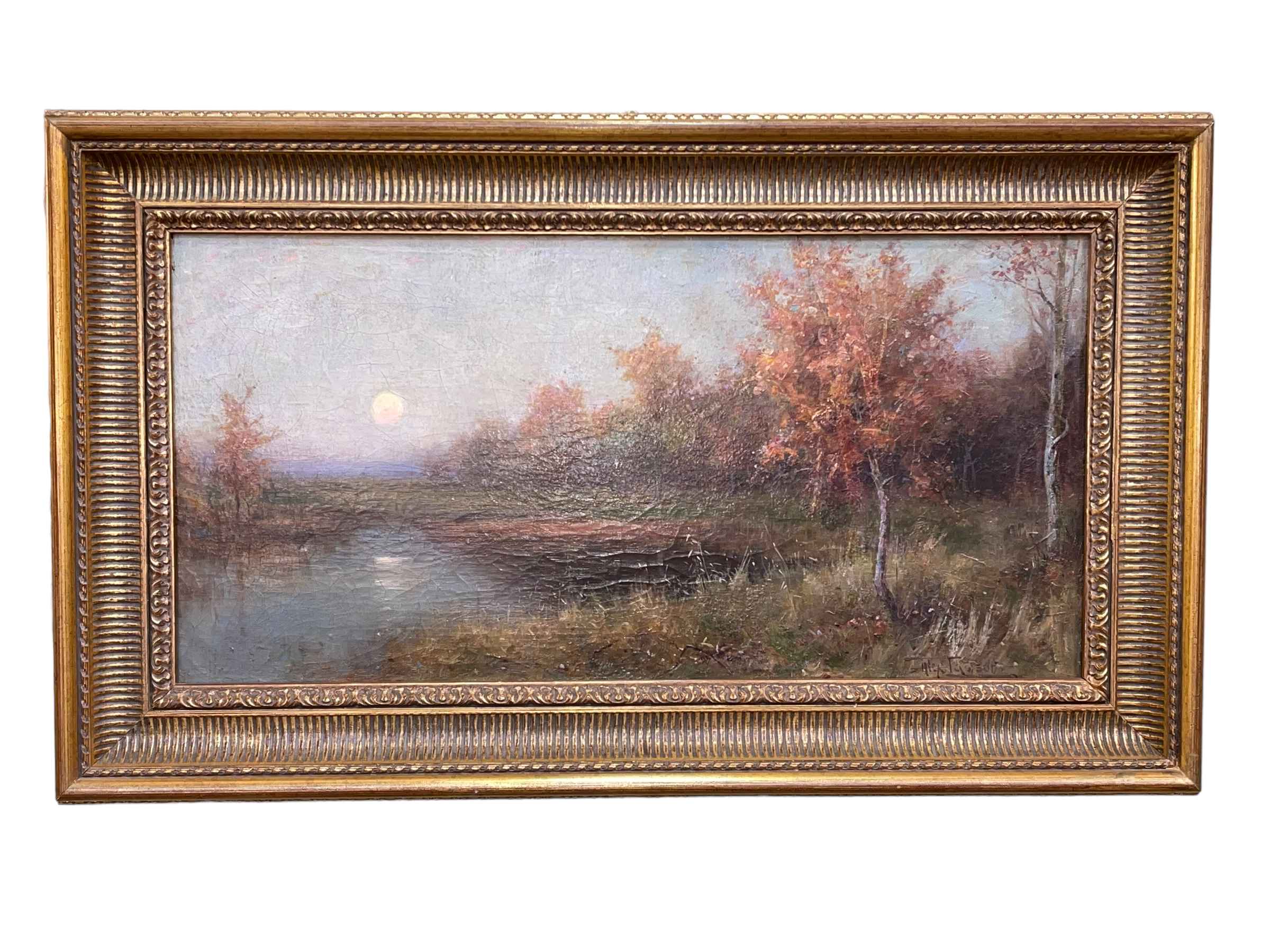 Signed oil on canvas, Sun Setting in Landscape, 36.5cm by 74cm, in gilt frame.