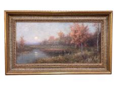 Signed oil on canvas, Sun Setting in Landscape, 36.5cm by 74cm, in gilt frame.