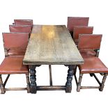 Oak eight piece dining suite comprising jointed oak refectory draw leaf dining table,