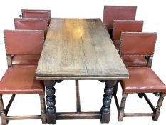 Oak eight piece dining suite comprising jointed oak refectory draw leaf dining table,