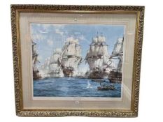 Montague Dawson, The Battle of Trafalgar, large print signed in pencil in the margin, in gilt frame,