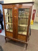 Edwardian inlaid mahogany two door vitrine on cabriole legs,