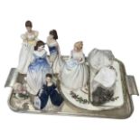 Five Royal Doulton figurines, Goebel figurine, Coalport Ming Rose cake and sandwich plates,