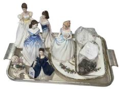 Five Royal Doulton figurines, Goebel figurine, Coalport Ming Rose cake and sandwich plates,