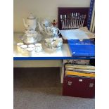Silver plated canteen of cutlery, Wedgwood Colchester tea set, Murano clown, LP records, etc.
