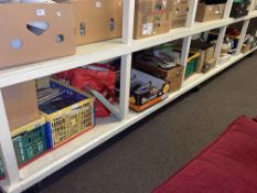 Full shelf of model railway engines, carriages, rolling stock,