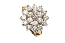 Diamond cluster 18 carat gold ring, having tiered setting of 19 diamonds, total approximately 1.