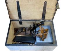 Large pine tool box containing a good collection of tools including planes, Marple mallet, etc.