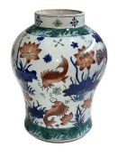 Large Chinese bulbous vase decorated with fish, blue stamp to base, 34.5cm.