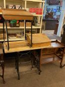 Rectangular cast base table, child's school desk, ledger desk and oak two tier dinner wagon (4).