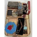 Cased silver salts, pocket and wristwatches, costume jewellery, etc.