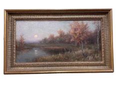 Signed oil on canvas, Sun Setting in Landscape, 36.5cm by 74cm, in gilt frame.