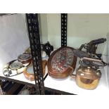 Collection of barometers, copper kettle, vintage blow torches, etc.