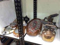 Collection of barometers, copper kettle, vintage blow torches, etc.