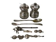 Two silver salt grinders, brooches, etc.