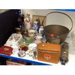 Brass wares including fire extinguisher, bucket, blow torch, etc, decorative porcelain,
