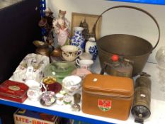 Brass wares including fire extinguisher, bucket, blow torch, etc, decorative porcelain,