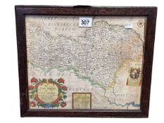 Oak framed map print 'The North Ridinge of Yorkshire', 29cm by 34cm including frame.