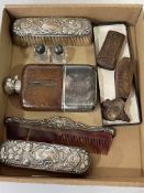 Two silver backed brushes and comb, three treen boxes, spirit flask and picnic condiments (8).