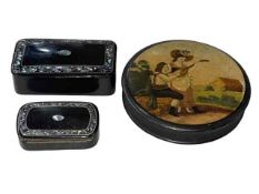 Two antique mother of pearl inlaid papier mache snuff boxes,