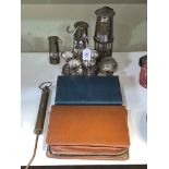 Protector and two other miners lamps, vanity set, cutlery, egg cruet etc.