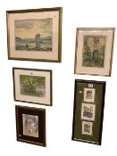 Sue Lewington, set of three etchings framed as one, three various watercolours and print (5).