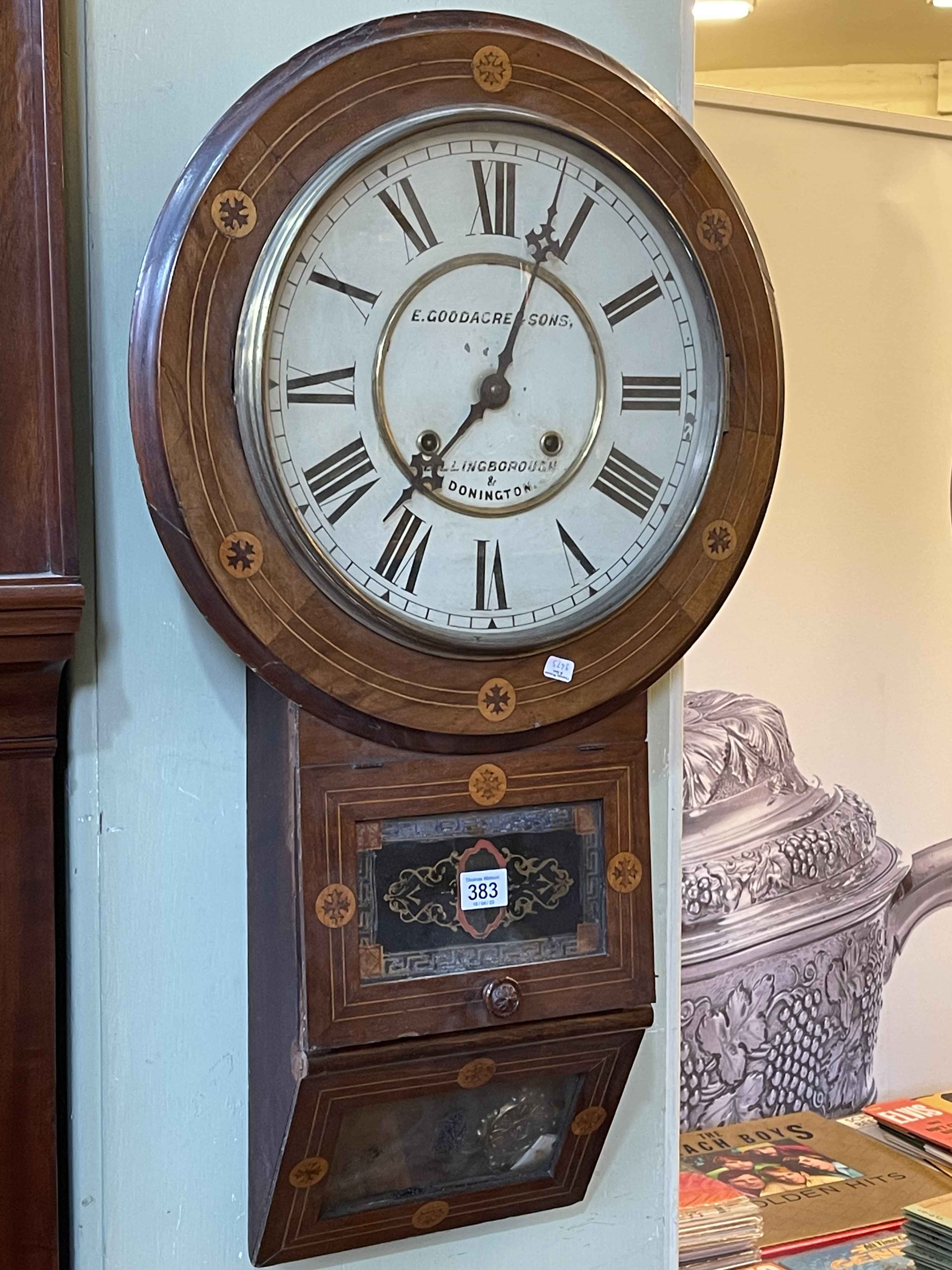 Victorian walnut and satinwood inlaid Anglo-American drop dial wall clock.
