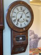 Victorian walnut and satinwood inlaid Anglo-American drop dial wall clock.