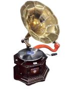 Victrola octagonal table top gramophone with bras shorn.