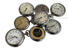 Eight assorted pocket watches.