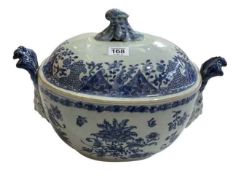 Large 18th Century Chinese blue and white tureen with face mask and feather plume handles decorated