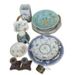 Tray of Chinese Pottery including plates, vase, small dishes,