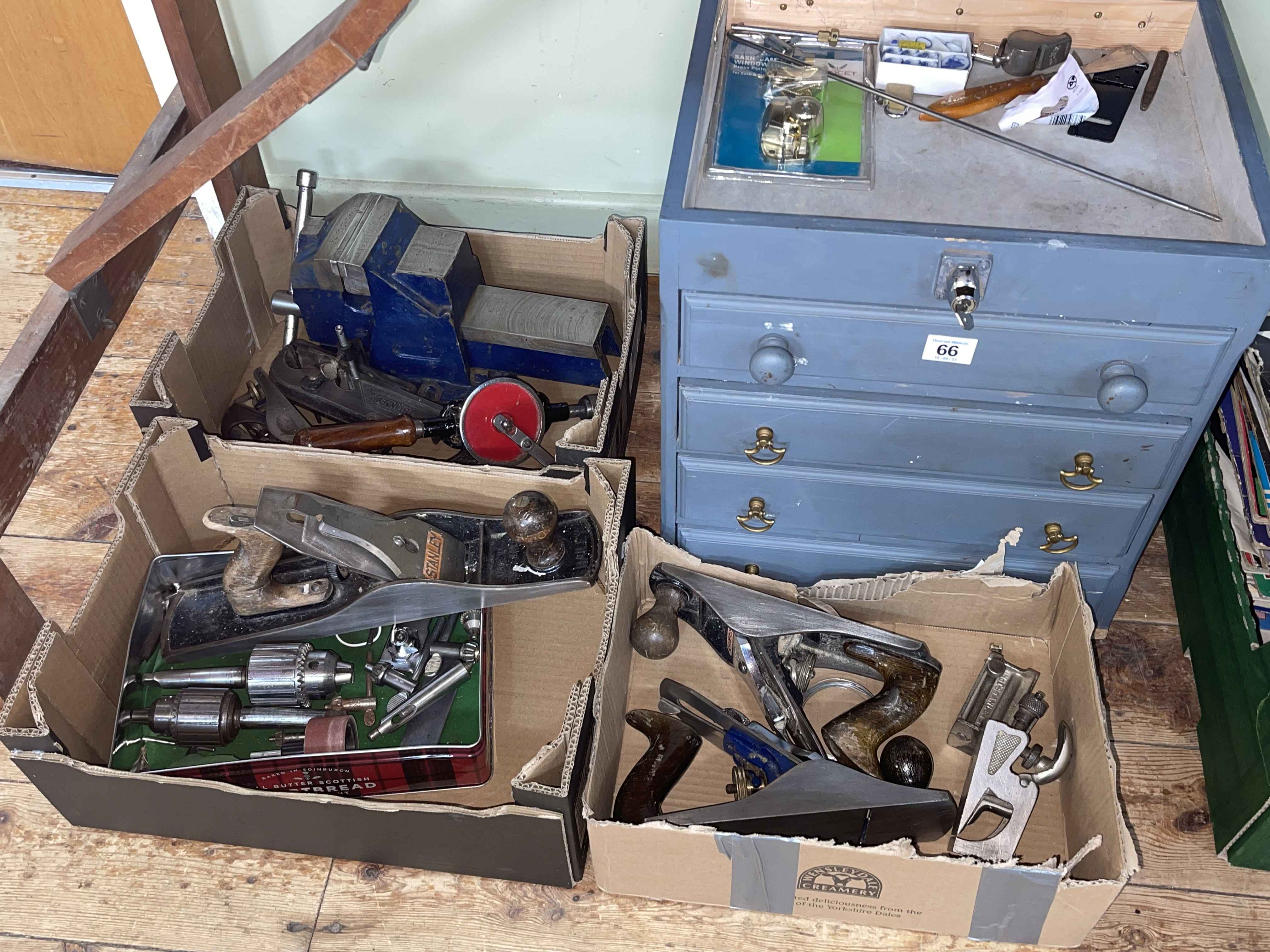 Tool chest, collection of tools including planes, vice, etc.