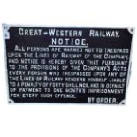 Cast iron Great Western Railway warning notice, 51cm high.