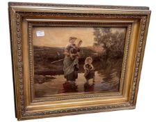 Victorian gilt framed signed bevelled chrystoleum depicting mother and children crossing a stream,