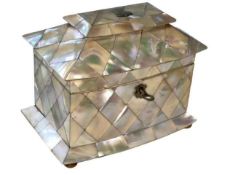 19th Century mother of pearl veneered two compartment tea caddy, 18cm wide.