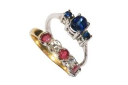 Ruby and diamond five stone 18 carat gold ring, size L, together with three stone sapphire ring (2).