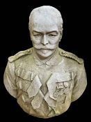 Large weathered marble bust of military dignitary, 77cm by 70cm.