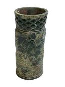 Heavily carved Chinese hardstone cylindrical brush pot/vase with impressed Qianlong mark to base,