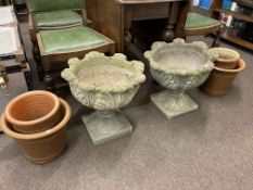 Pair weathered pedestal garden planters and two pairs of salt glazed planters (6).
