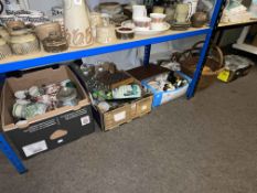 Five boxes of china and glass, cutlery, dolls, Hummel figures, Malachite vase, Poole vase,