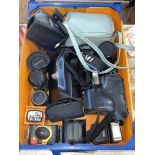 Box of vintage cameras, Minolta Mini 35 projector, Hasselblad SCA 390 flash adaptor, lenses, etc.