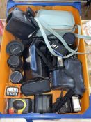 Box of vintage cameras, Minolta Mini 35 projector, Hasselblad SCA 390 flash adaptor, lenses, etc.