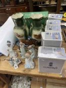 Five boxed Lladro figurines, Royal Doulton boxed horse and a pair of vases.