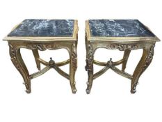 Pair gilt and marble topped lamp tables, 55cm by 49cm by 41cm.