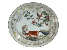 Chinese porcelain export plate decorated with farmer, oxon and birds, 23cm diameter.