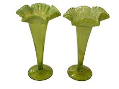 Pair vaseline glass trumpet spill vases, 18cm.